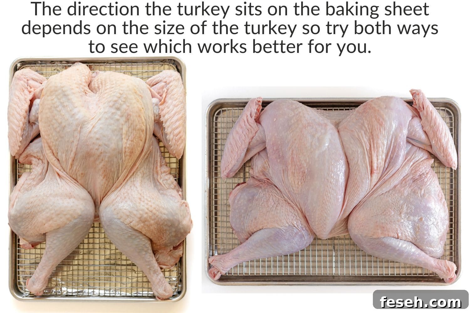 Collage graphic showing the two different ways a spatchcock turkey can be placed on a baking sheet.