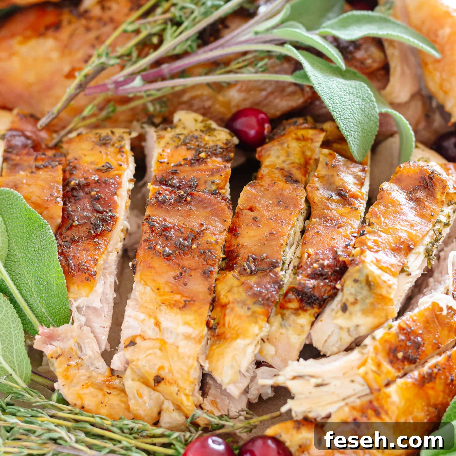 Closeup of some carved spatchcock herb butter turkey on a platter.