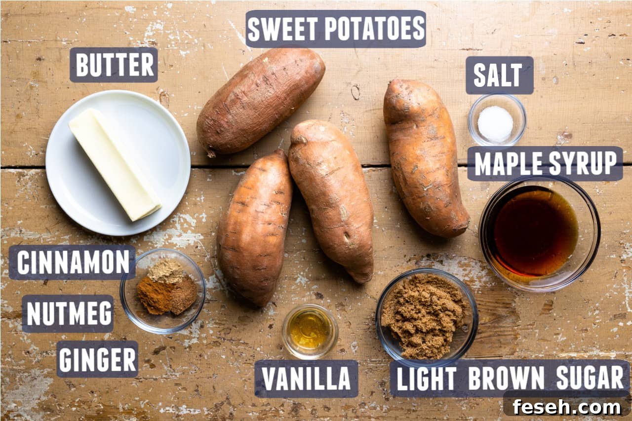 Ingredients needed to make candied sweet potatoes laid out on the counter.