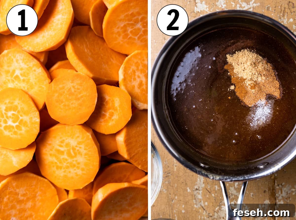 How to make candied sweet potatoes, showing slicing the potatoes and preparing the brown sugar sauce to pour over top.
