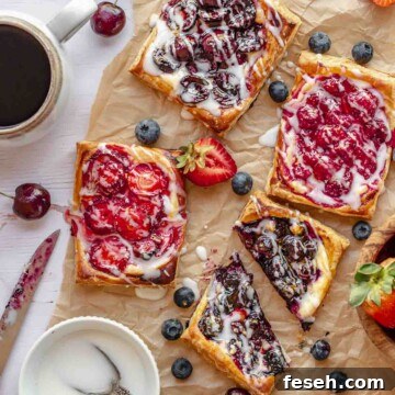 Various fruit and cheese danishes on a table with coffee nearby.