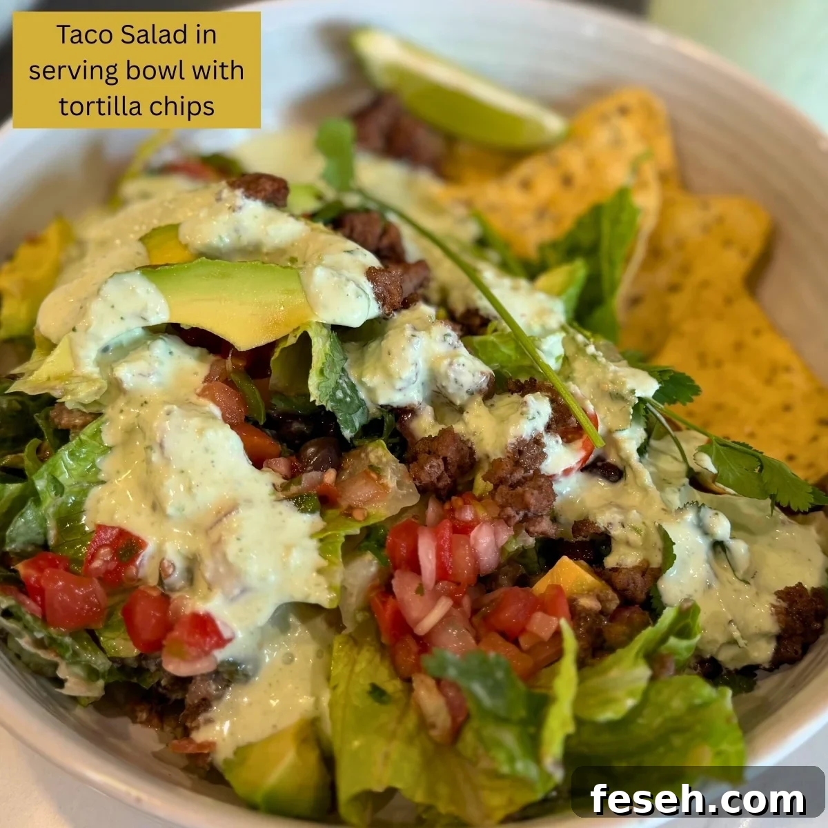 Taco Salad in serving bowl with tortilla chips