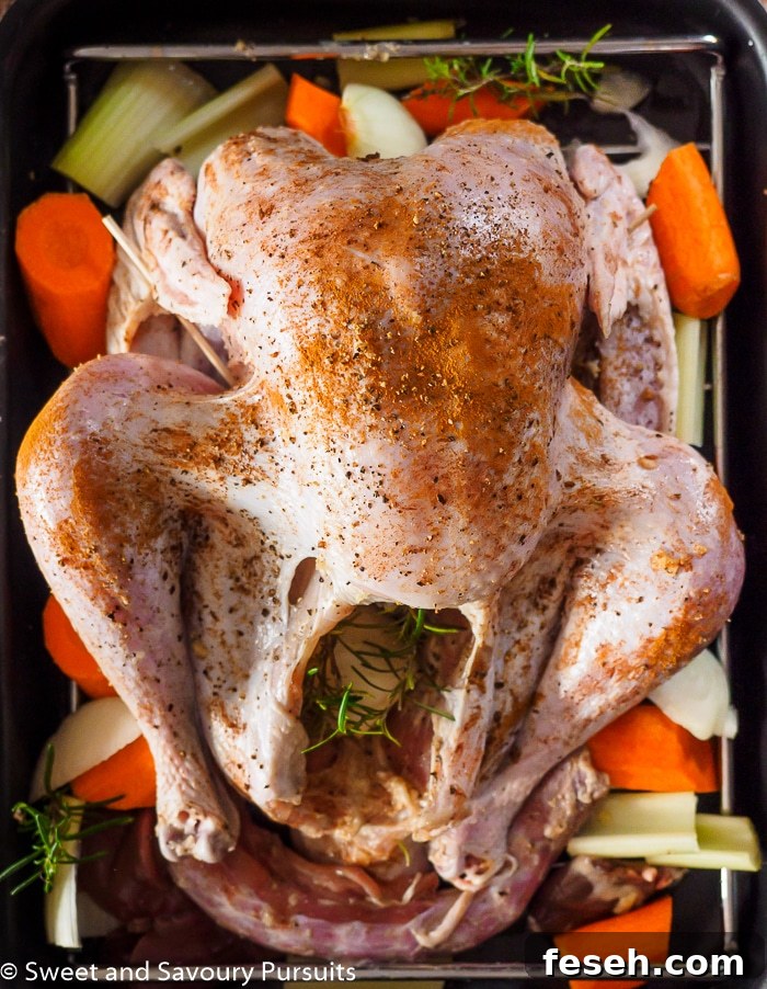 Raw seasoned turkey ready to be roasted.