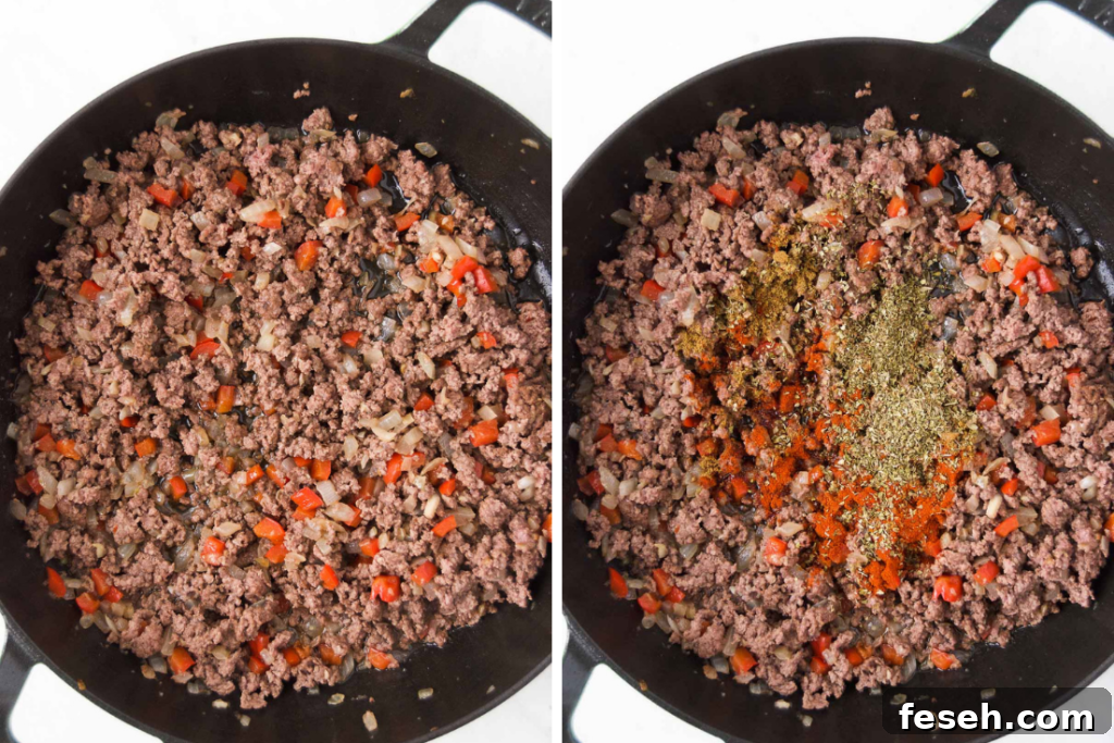 Collage of two images side by side showing ground beef with onions and peppers in a braising pan to the right and the same ingredients with spices on the right