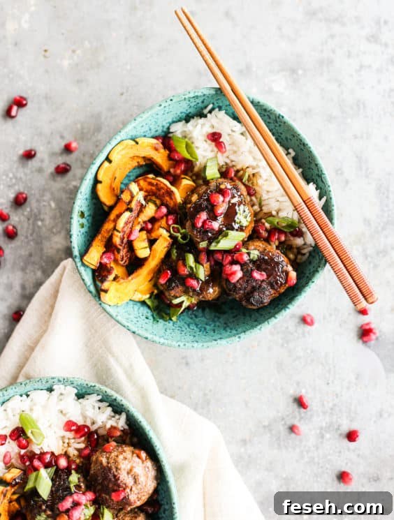 sticky pomegranate meatball bowls