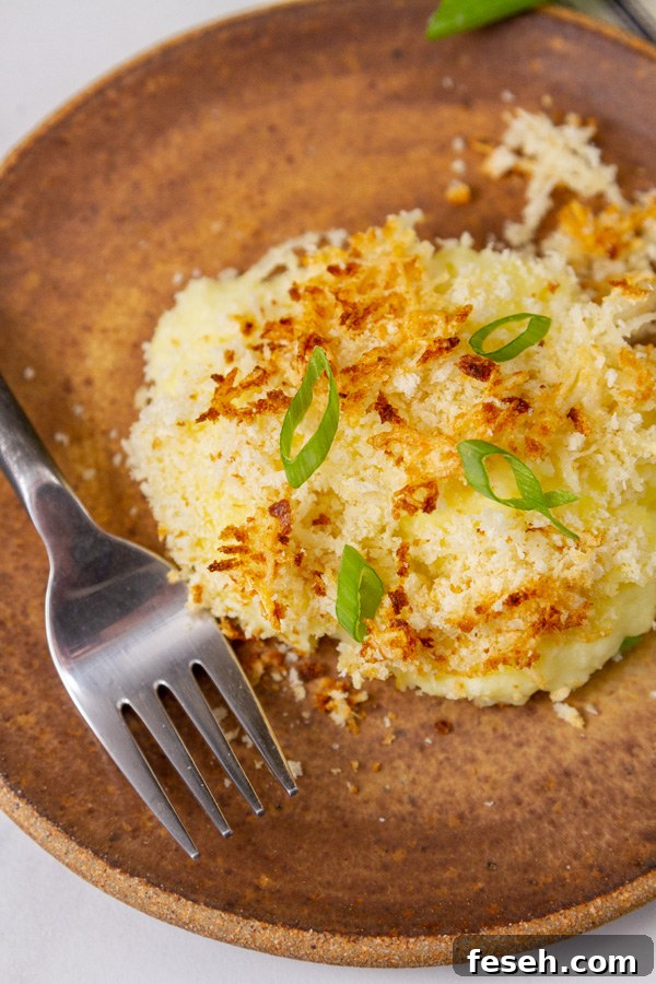 a serving of mashed potatoes on a brown plate.