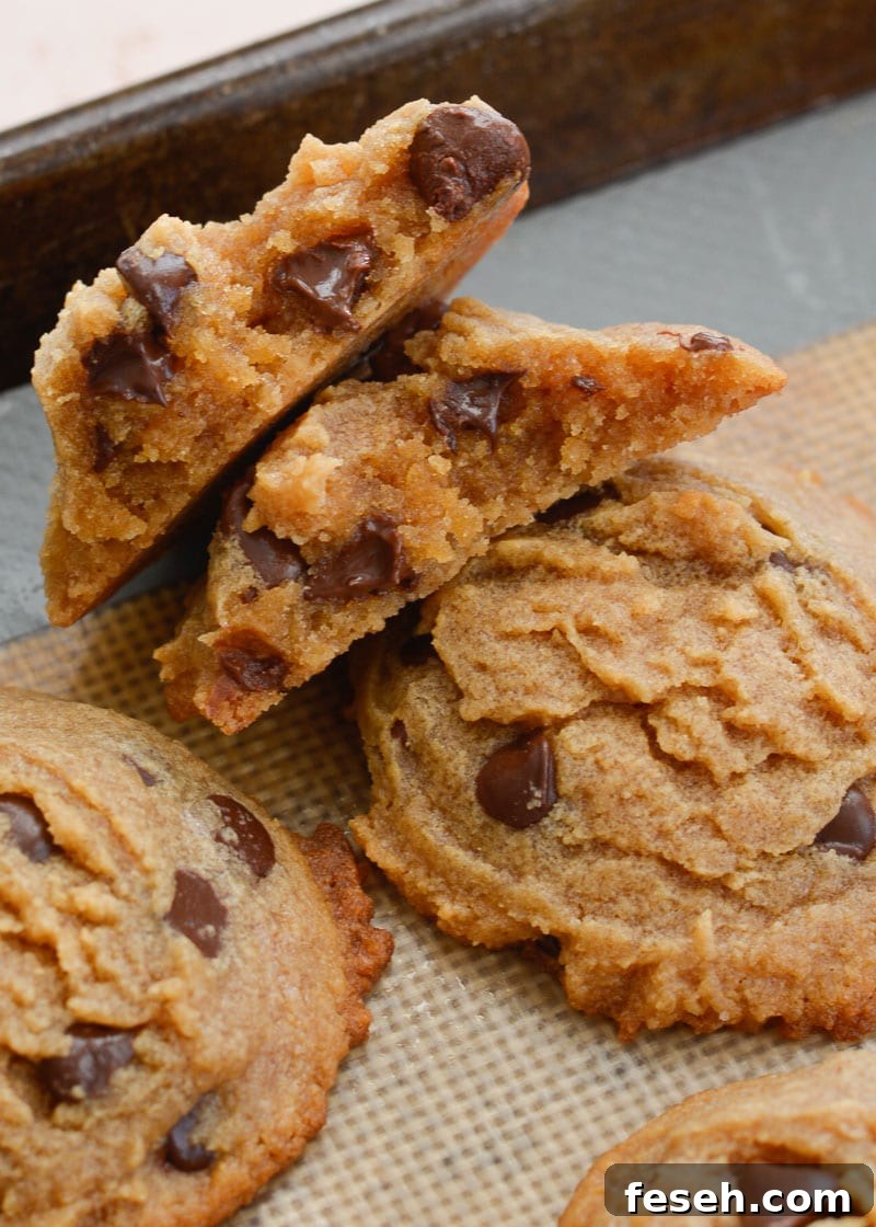 These flourless peanut butter cookies are packed with dark chocolate chips and perfectly soft and chewy. Naturally gluten-free, and about 3 net carbs each!