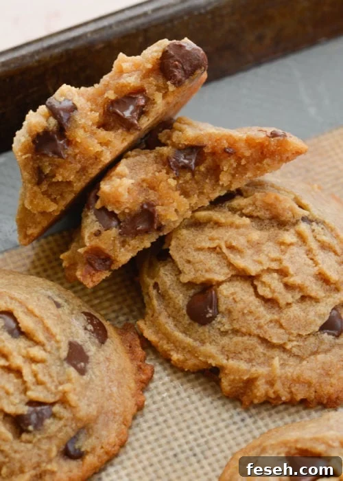 These flourless peanut butter cookies are packed with dark chocolate chips and perfectly soft and chewy. Naturally gluten-free, and about 3 net carbs each!