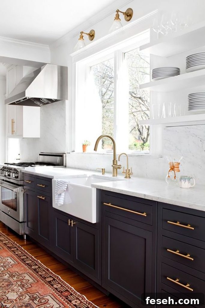 white marble backsplash with black cabinets