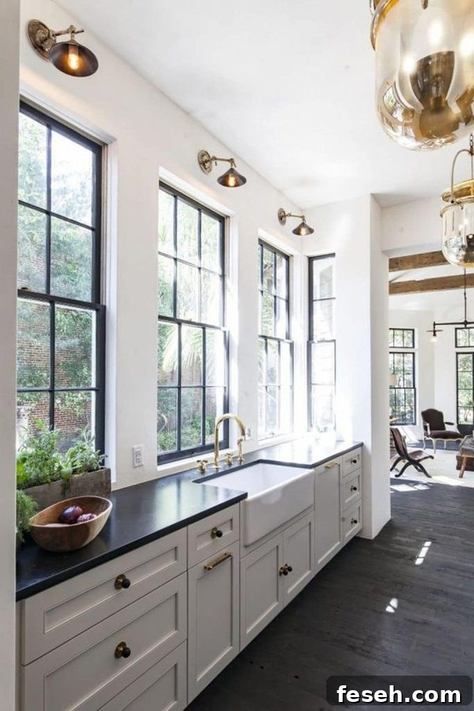 black windows over a sink