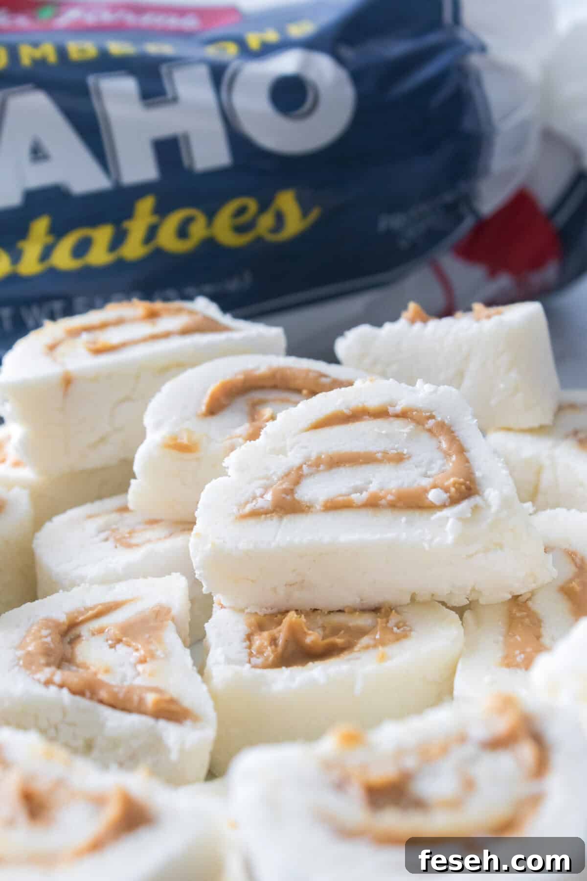 close up shot of potato candy stacked on a plate