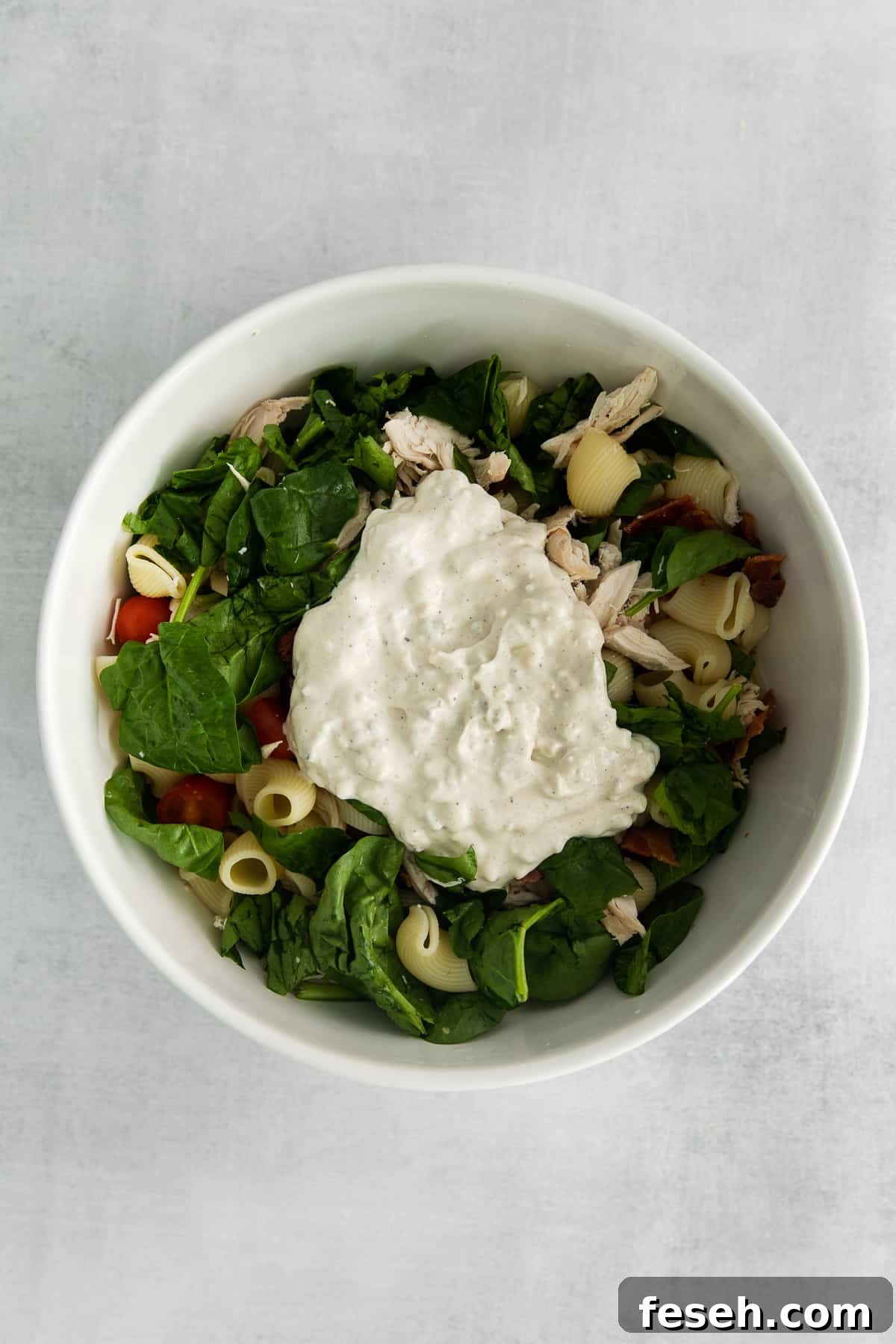 Gorgonzola dressing in a bowl with chicken pasta salad.