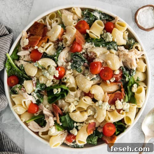 Gorgonzola chicken pasta salad in a bowl.