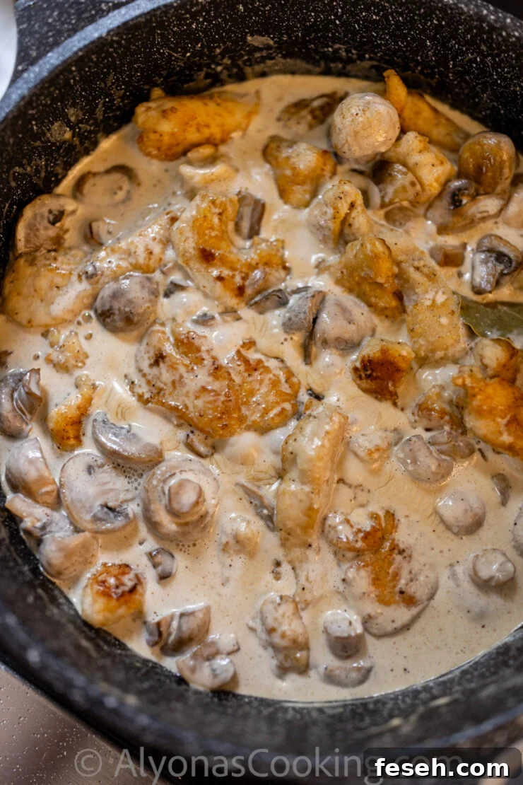image of smothered chicken with mushrooms in a pan 
