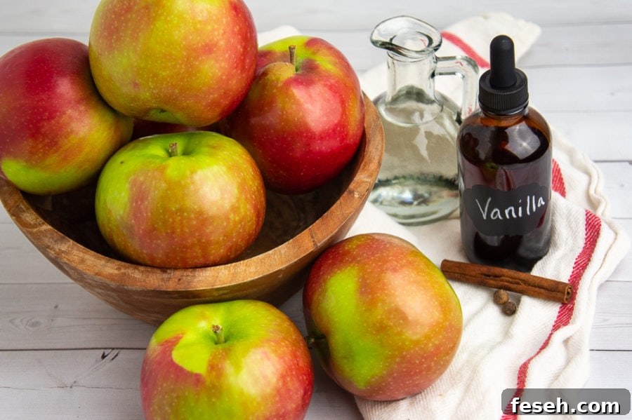 a wooden bowl of apples on a white and red towel with vanilla, water, and cinnamon