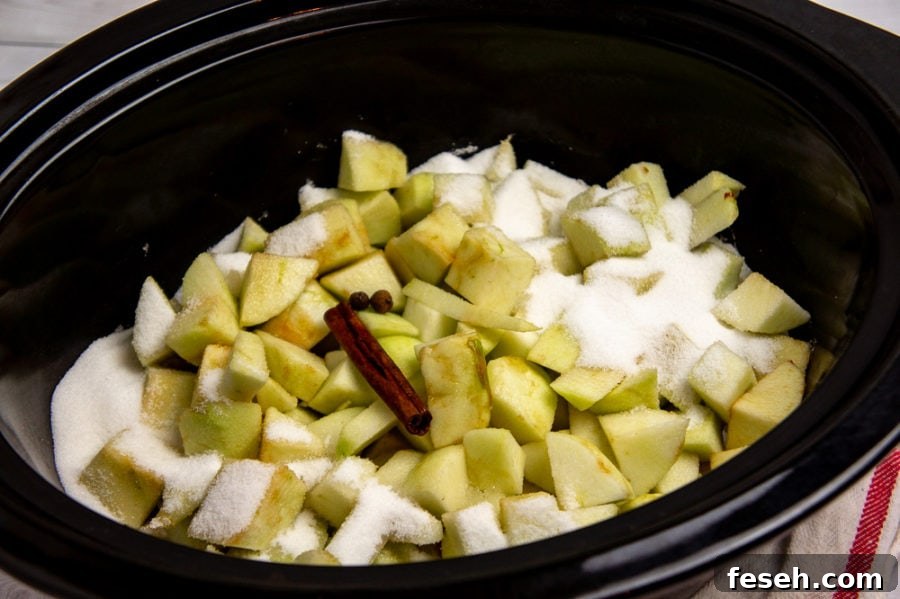 a slow cooker with apples, sugar, and cinnamon
