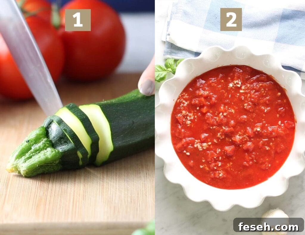 The first two steps of this recipe are to prepare the vegetables and add tomato sauce and garlic to the baking dish.