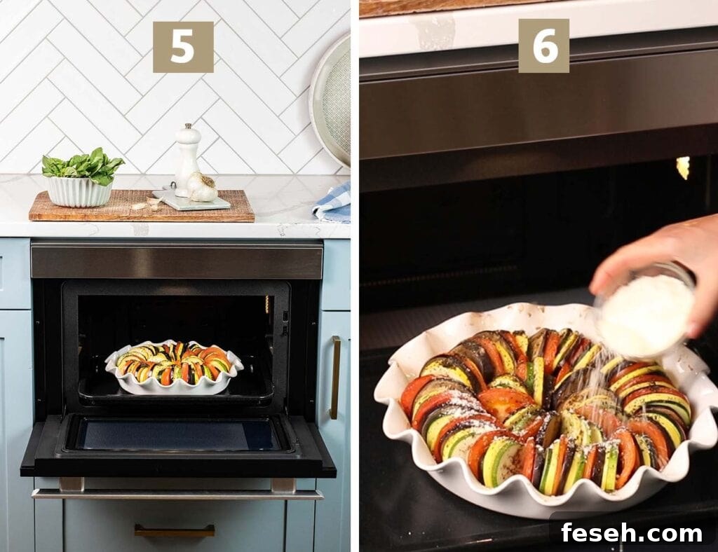 The last two steps of this recipe are to bake the dish and then top it with parmesan and bake it longer.
