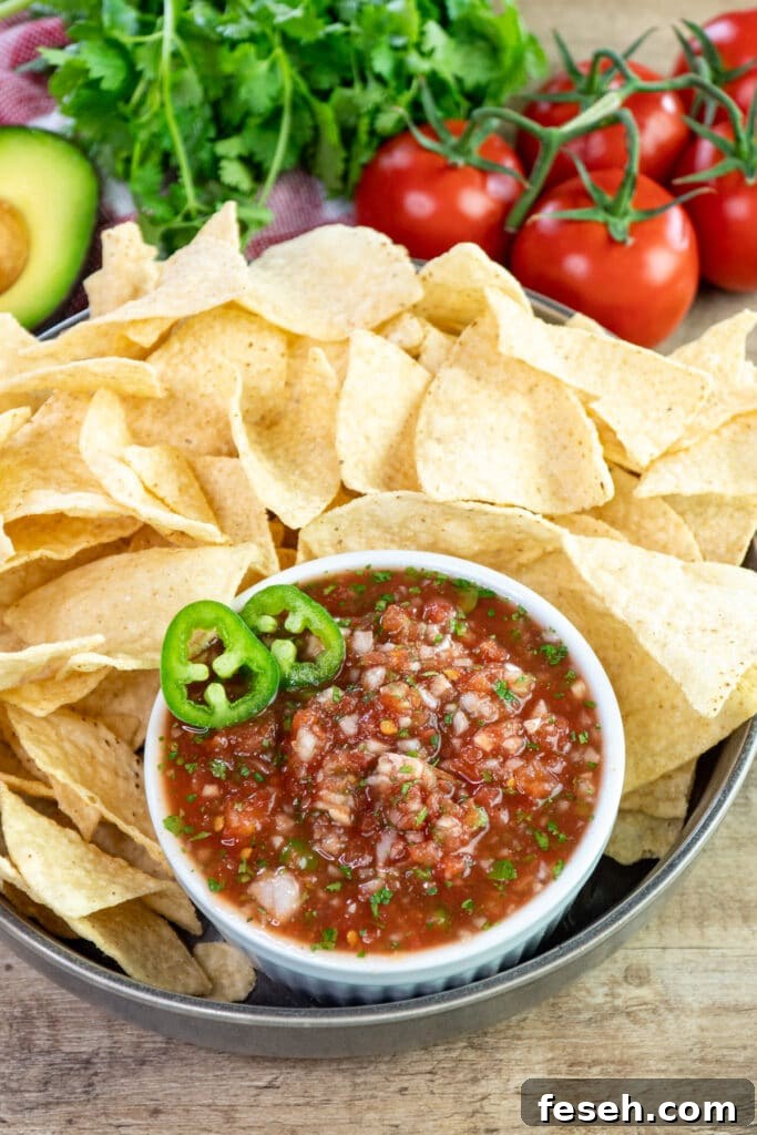 A small white bowl of blender salsa in a larger bowl of chips.