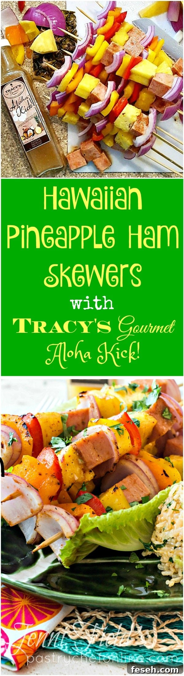 Hawaiian pineapple ham skewers next to a bottle of Tracy's Gourmet Aloha Kick! .
