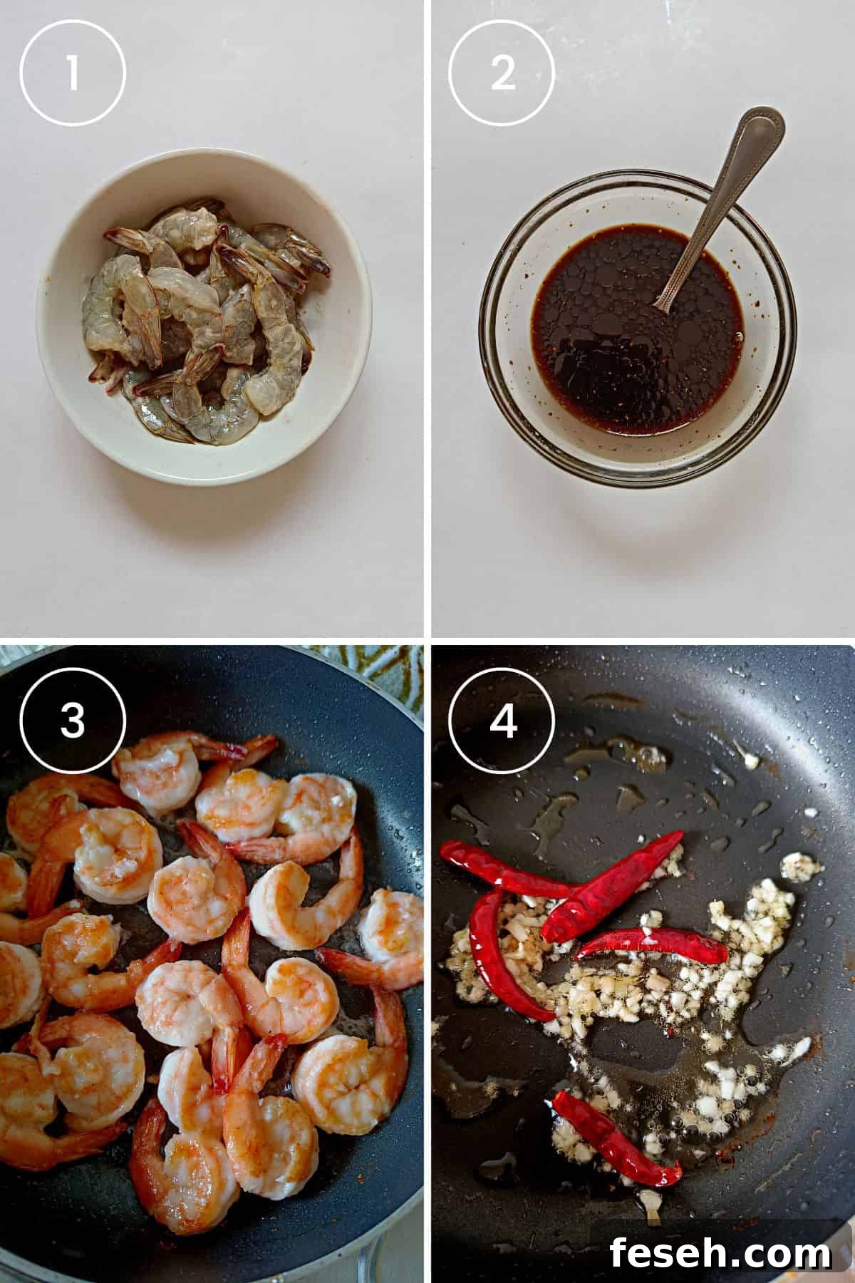 Four images showing marinating shrimp, making sauce, cooking shrimp, and stir-frying aromatics.