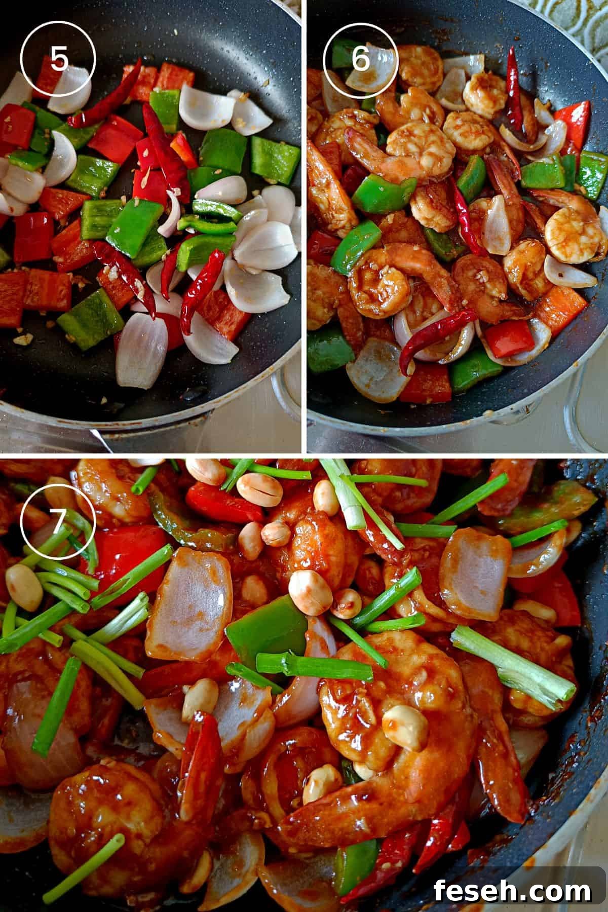 Three images showing stir-frying vegetables, adding shrimps, and tossing everything with sauce.