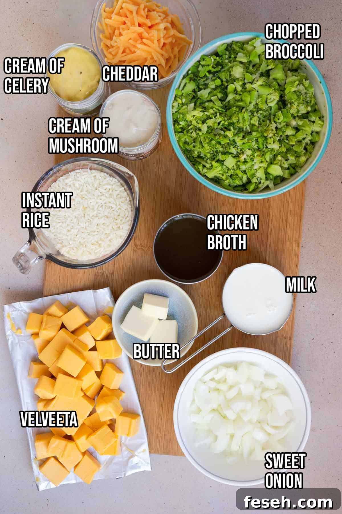 Crockpot Broccoli Rice Casserole ingredients: chopped broccoli, instant rice, sweet onion, Velveeta, cream of mushroom soup, cream of celery soup, low sodium chicken broth, whole milk, unsalted butter, shredded cheddar.