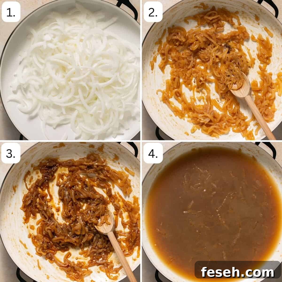 numbered step by step photos showing how to caramelize onions 