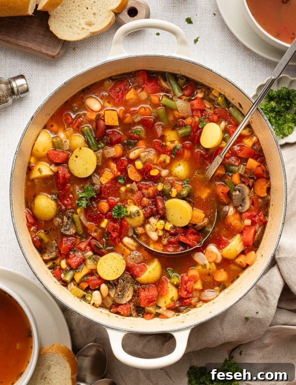 Overhead view of a Dutch oven full of vegetable soup