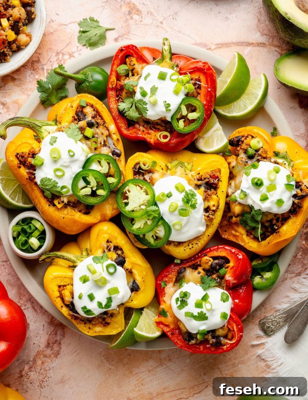 Colorful medley of cooked stuffed peppers in a baking dish