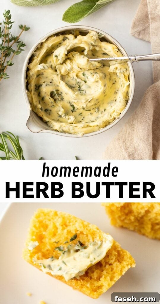 pin for homemade herb butter with a picture of a small bowl with the herb butter in it at the top and half a cornbread muffin with a swipe of the butter on the bottom and black text on a white background in the middle that reads "homemade herb butter".