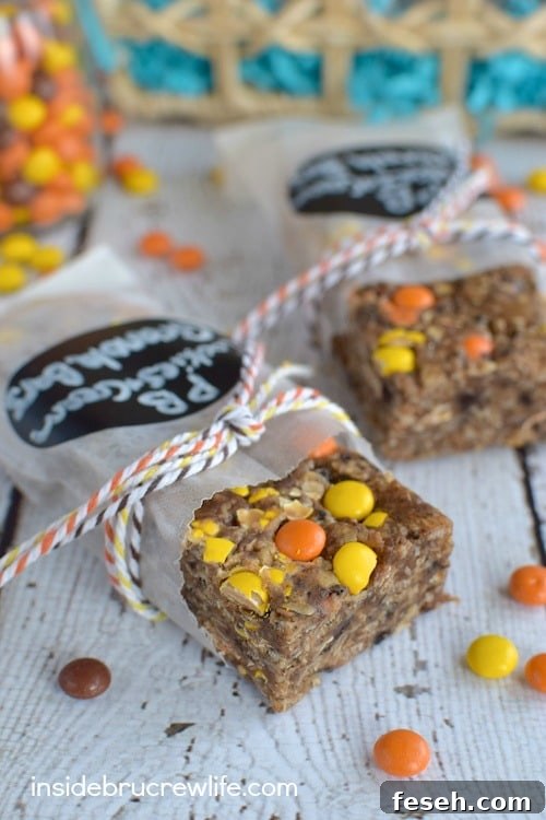Peanut Butter cookies and cream granola bars in bags on a white background