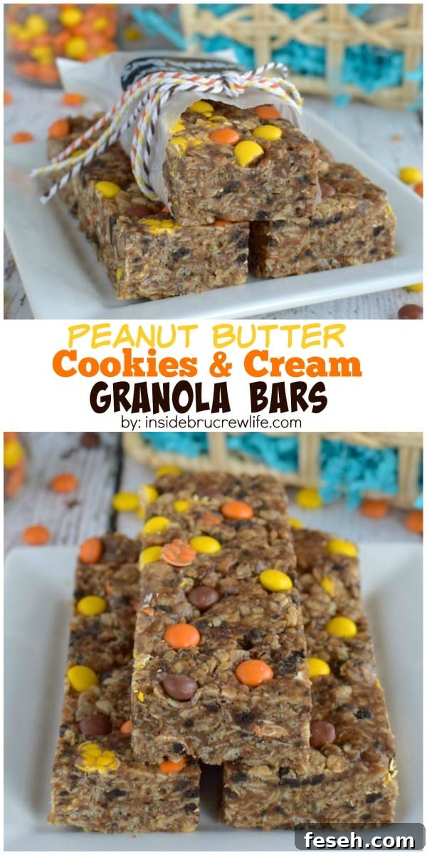 Two pictures of Peanut Butter Cookies and Cream Granola Bars collaged together with a white text box