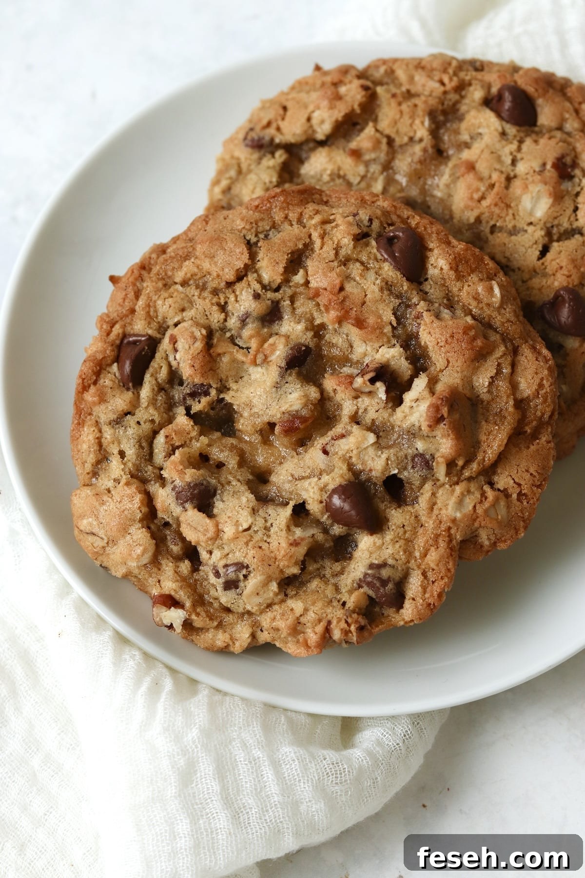 Two large cowboy cookies on a plate.