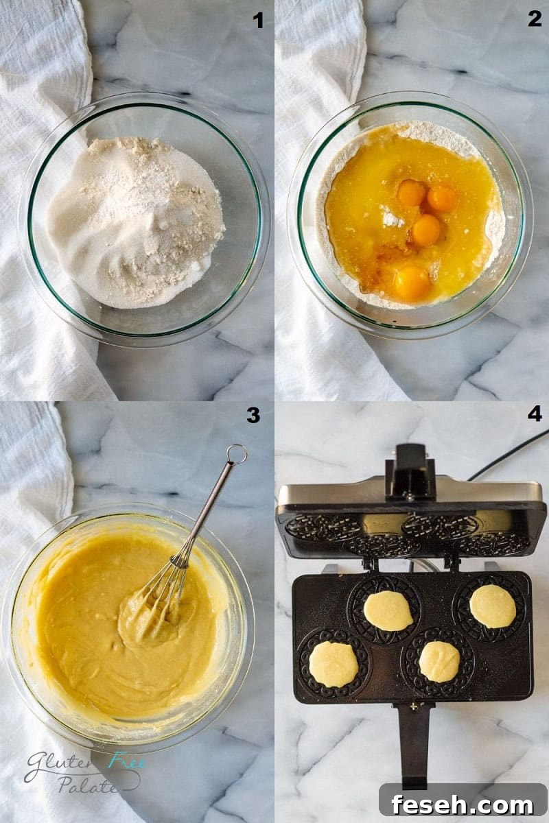 a collage of four photos showing how to make gluten-free pizzelle