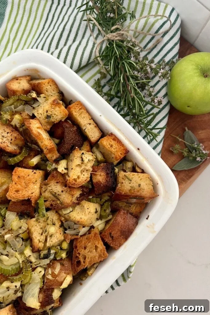 Baked sourdough stuffing in dish