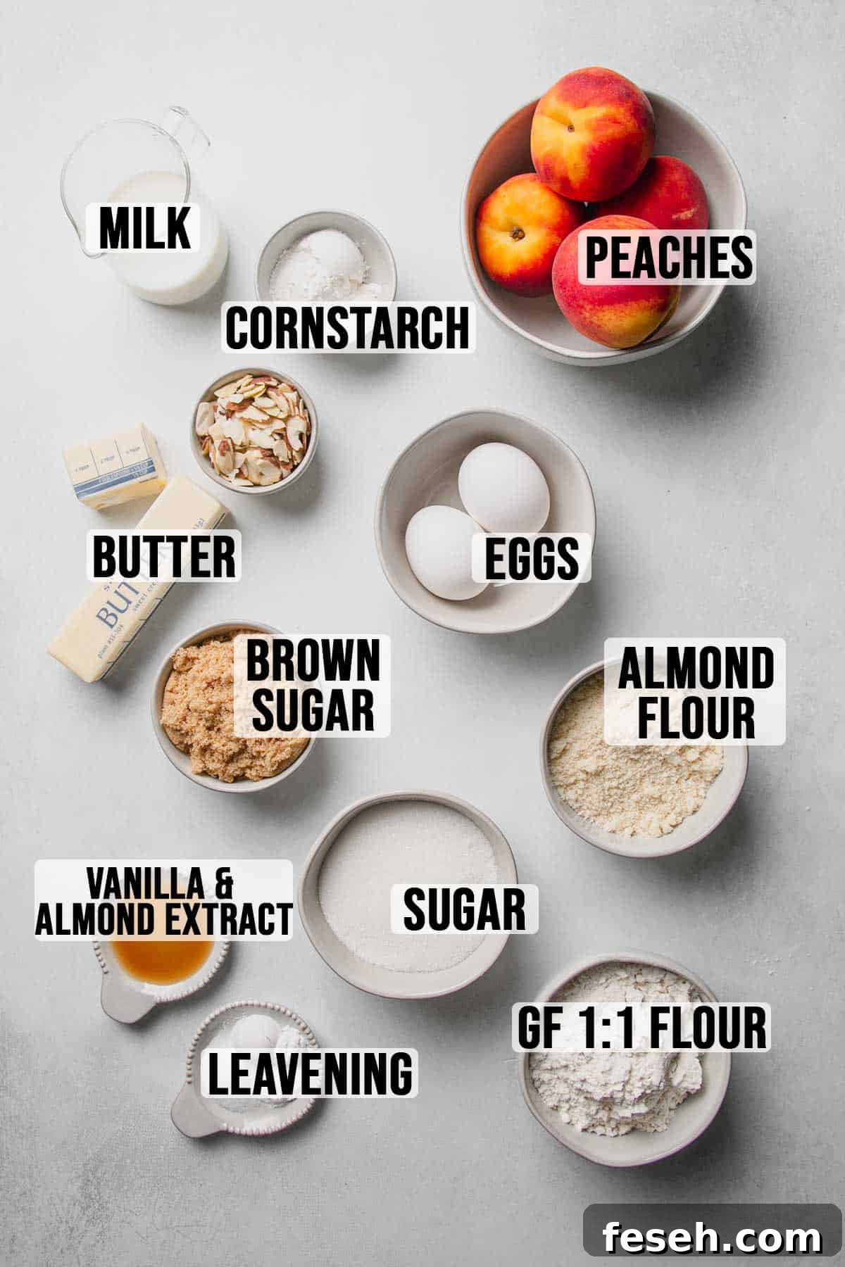 Ingredients for gluten-free peach cake measured out in bowls.