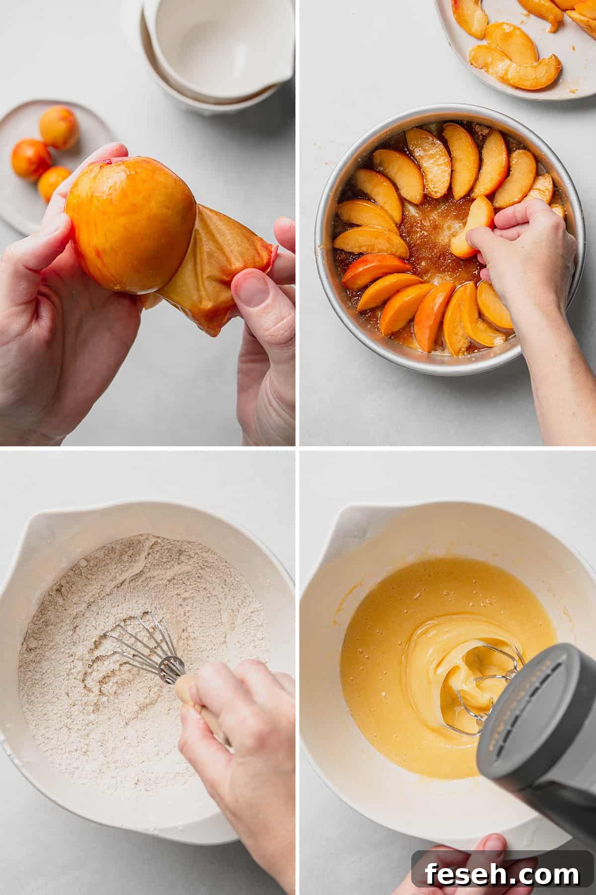 Image collage: removing skin from a peach, layering sliced peaches in bottom of cake pan, whisking flour, beating wet ingredients.