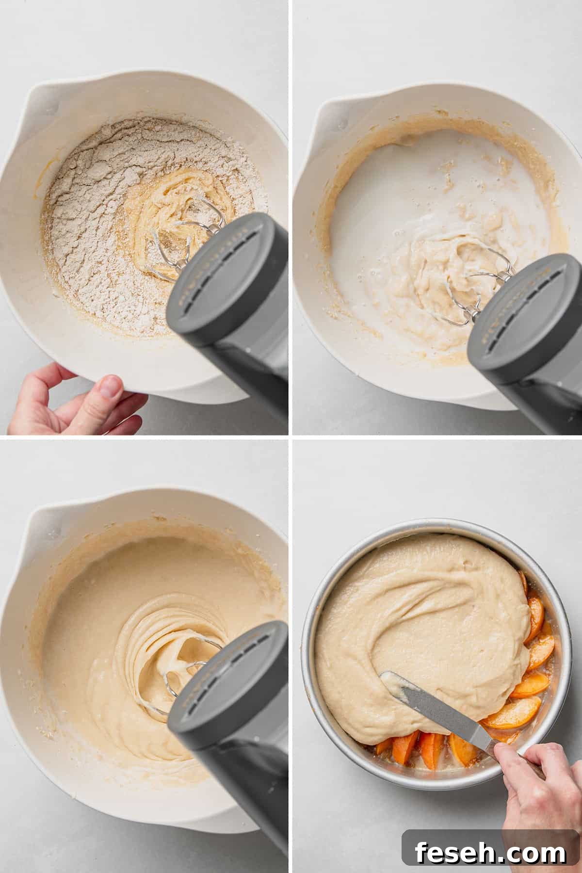 Image collage: blending dry ingredients into batter, blending milk into batter, mixer blending batter, spreading batter over sliced peaches.