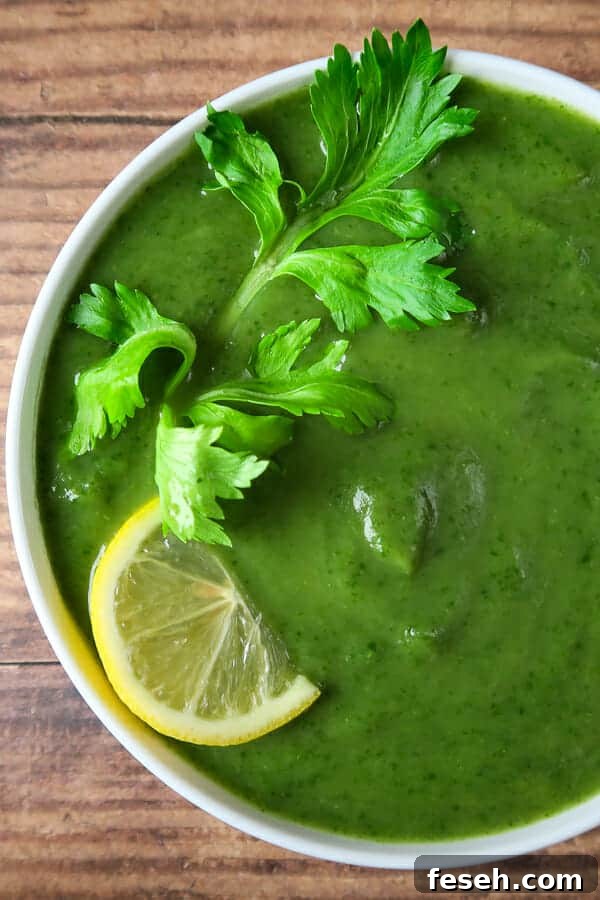close-up of the vegan creamy celery soup with spinach