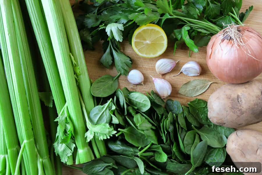 ingredients for the creamy celery soup with spinach