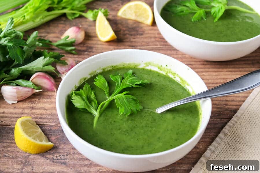healthy vegan creamy celery soup with spinach