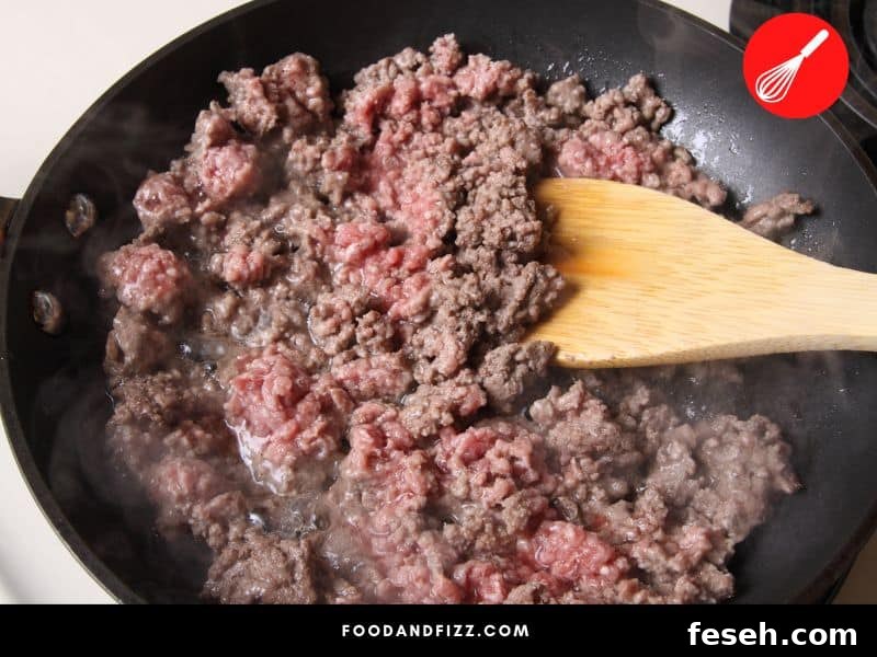 Meat turns brown as it is cooked due to the breakdown of myoglobin, and the Maillard reaction.