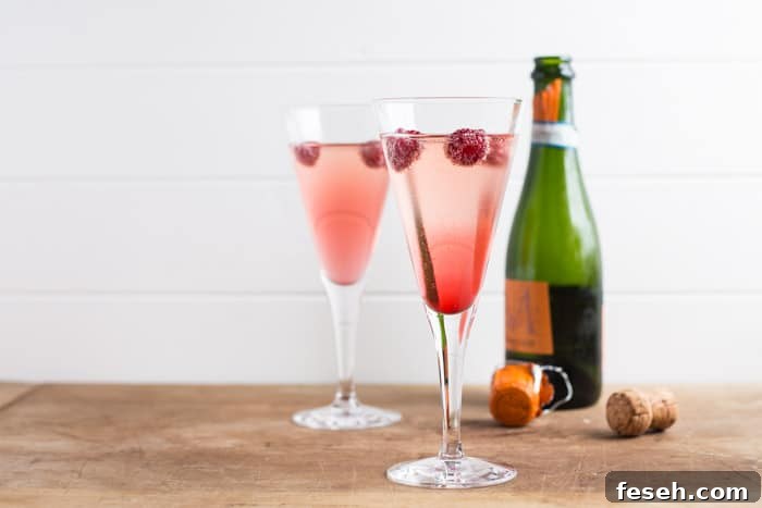 A bottle of Prosecco, 2 cocktail glasses with pink Kir Royale and a cork
