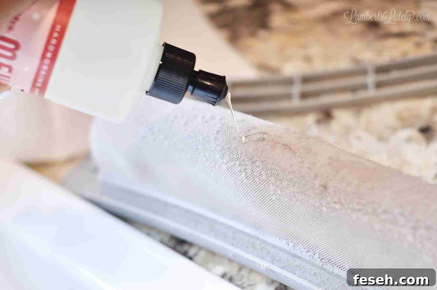 pouring dish soap on a dryer filter