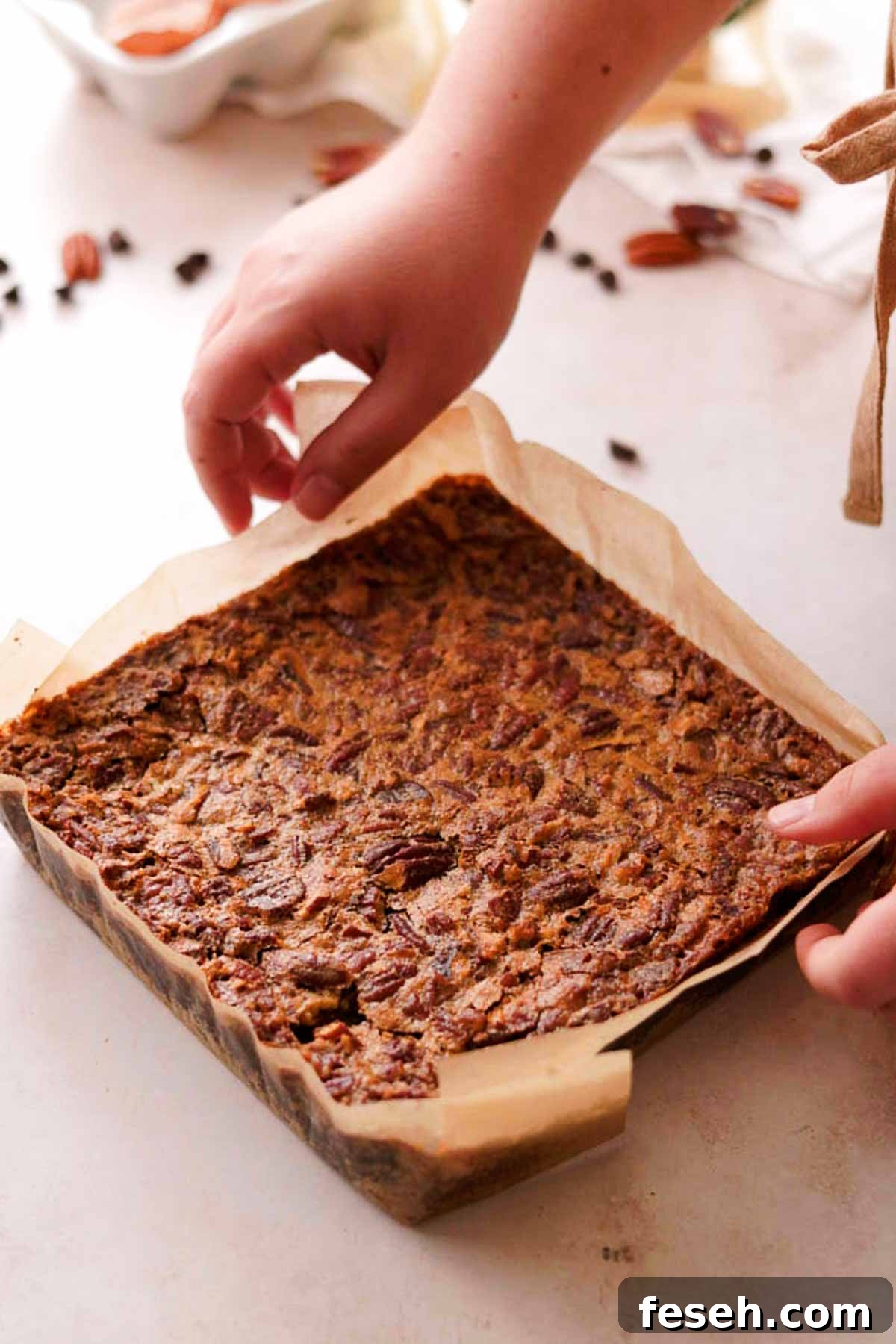 baked pecan pie brownies fresh out of the oven