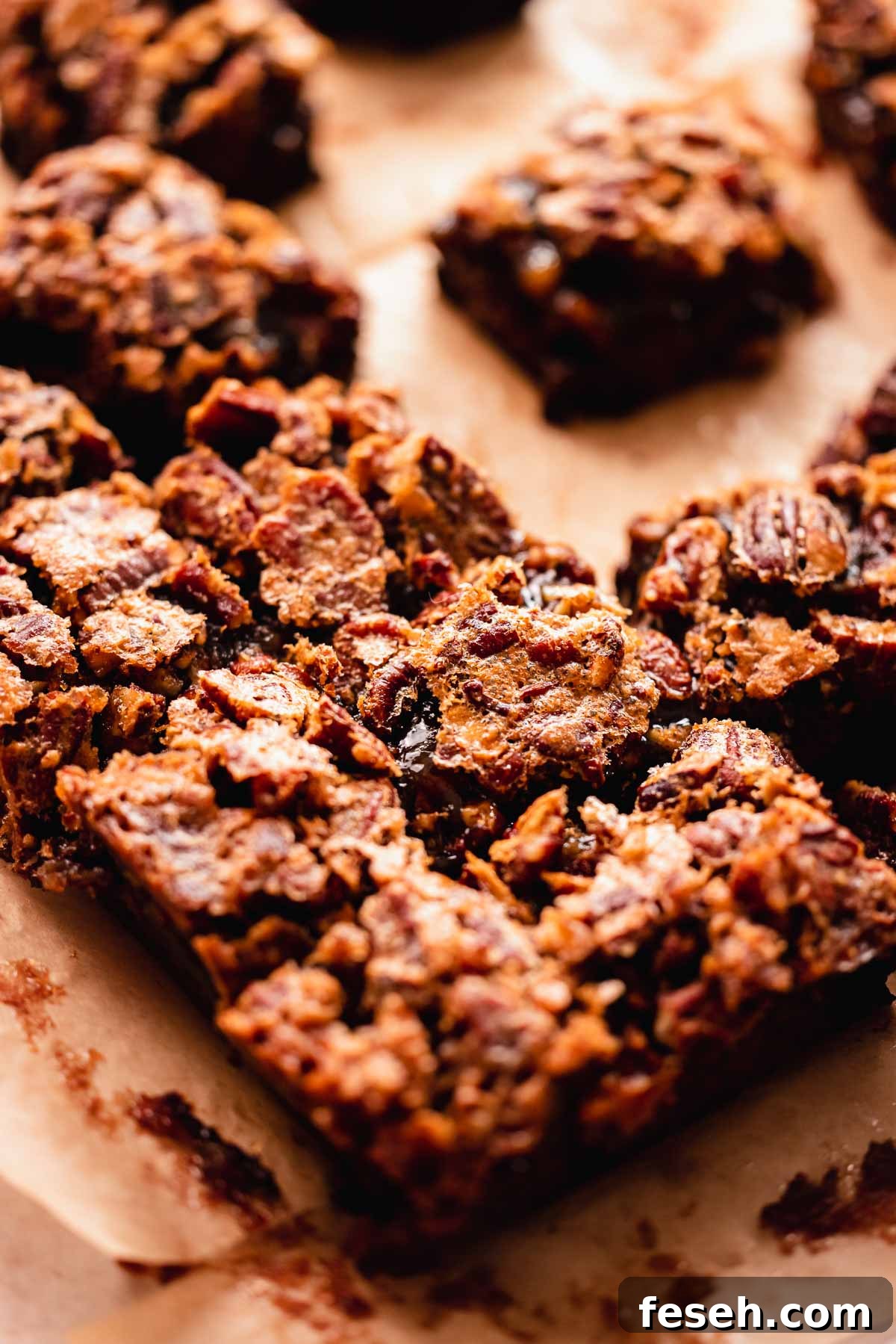 brownie cut in squares with pecan crusted top