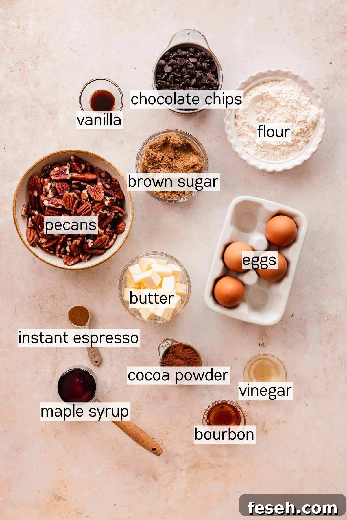 ingredients for pecan pie brownies in bowls