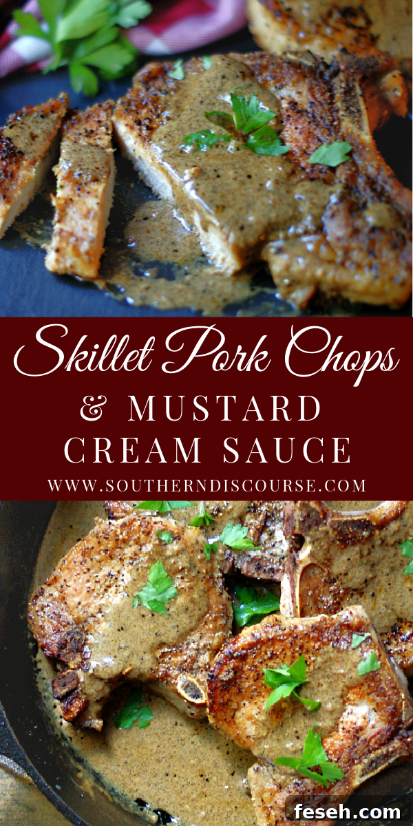 Enjoy juicy, tender bone in pork chops with this easy cast iron skillet recipe! Simple to prepare for any night of the week, but also perfect for special occasions. Topped with a creamy dijon mustard sauce, these are THE BEST pork chops!