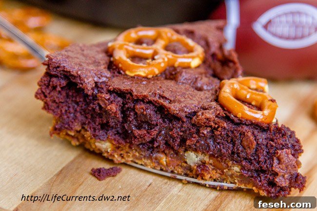 A close up on a slice of brownie topped with pretzels.